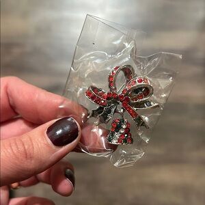 Festive Bow and Bell Brooch with Red and Green Accents